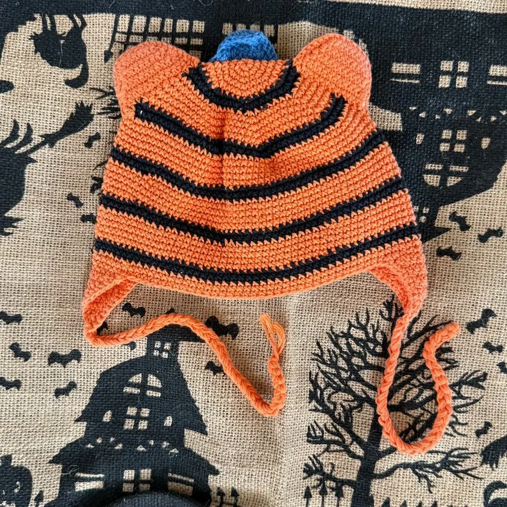 CUTE Orange Crochet Tiger‎ Face Infant Hat Ties